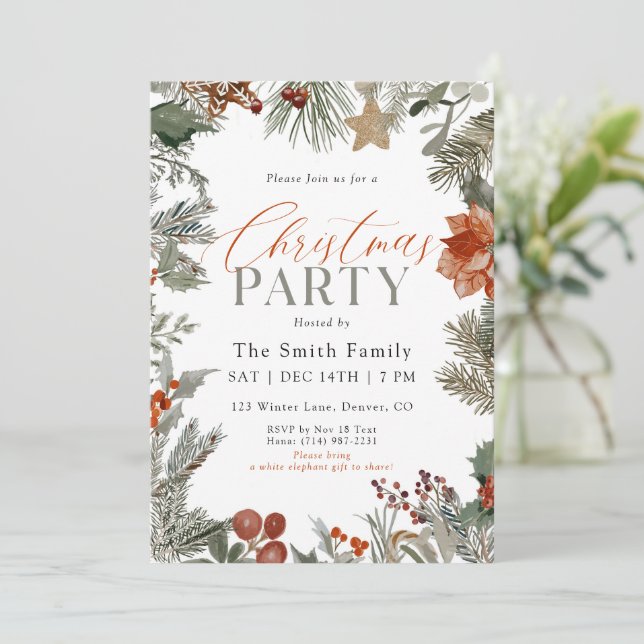 Invitación Fiesta Navideña de Acuarela Botánica (Anverso de pie)
