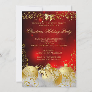 Invitación Fiesta Navideña de Baubles Rojo Dorado Blanco