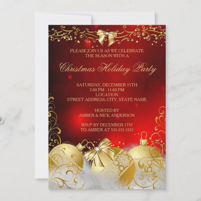 Invitación Fiesta Navideña de Baubles Rojo Dorado Blanco (Anverso)