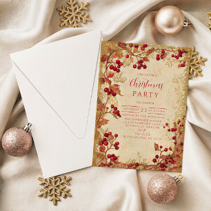 Invitación Fiesta Navideña de Bayas Rojas Vintage