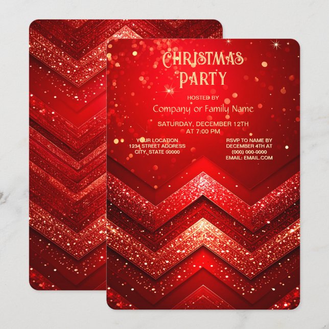 Invitación Fiesta Navideña de Brillo Decorativo Rojo (Anverso / Reverso)