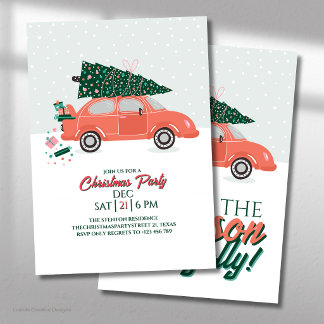 Invitación Fiesta Navideña de Coche Rojo Festivo con Árbol en