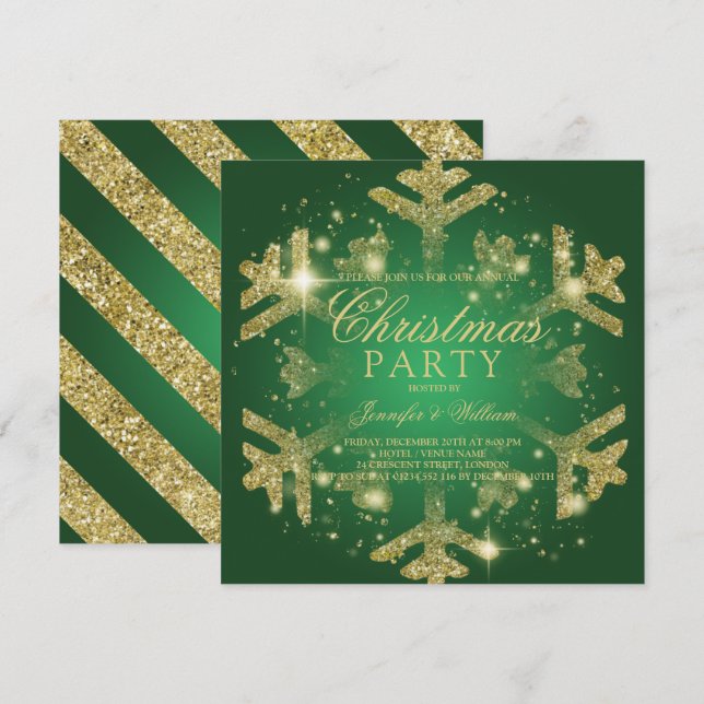 Invitación Fiesta navideña de copas de nieve con Purpurina do (Anverso / Reverso)