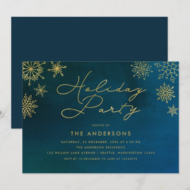 Invitación Fiesta navideña de copas de nieve doradas (Anverso / Reverso)
