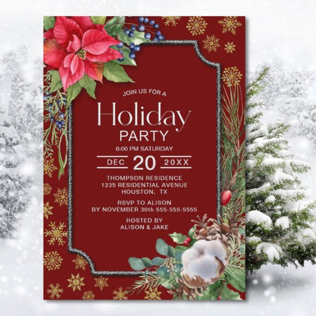 Invitación Fiesta navideña de copas de nieve y Poinsettia (Subido por el creador)