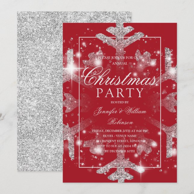 Invitación Fiesta navideña de copo de nieve rojo plateado (Anverso / Reverso)