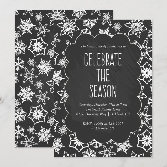Invitación Fiesta navideña de copos de nieve (Anverso / Reverso)