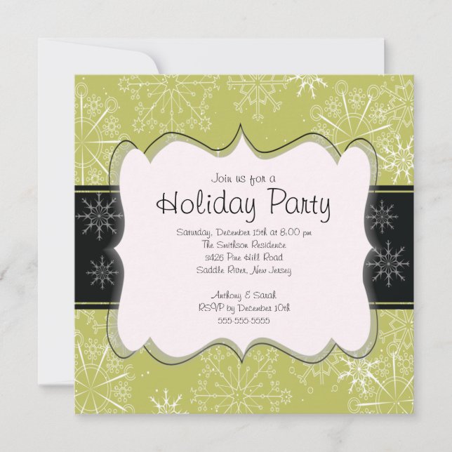 Invitación Fiesta navideña de copos de nieve negro y verde (Anverso)
