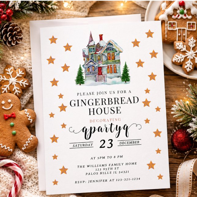 Invitación Fiesta Navideña de Decoración de Pan de Jengibre (Festive Christmas Gingerbread Decorating Party Invitation)