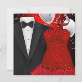 Invitación Fiesta Navideña de Esmoquin Elegante y Vestido Roj