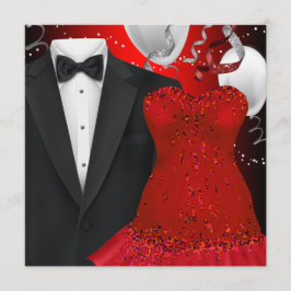 Invitación Fiesta Navideña de Esmoquin Elegante y Vestido Roj