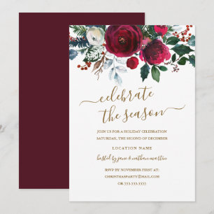 Invitación Fiesta Navideña de Flor Roja Moderna y Dorada