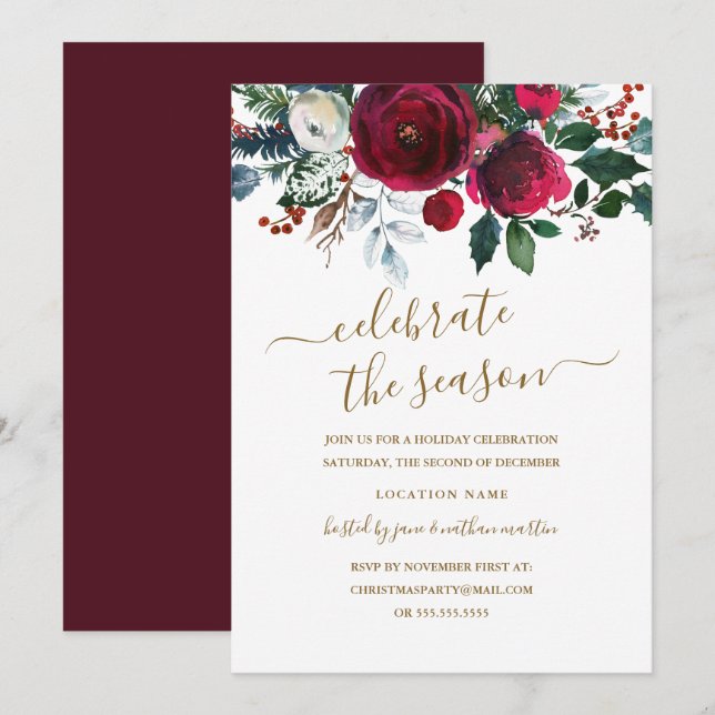 Invitación Fiesta Navideña de Flor Roja Moderna y Dorada (Anverso / Reverso)