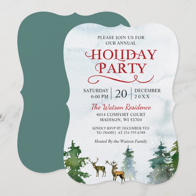 Invitación Fiesta navideña de invierno con acuarela (Anverso / Reverso)