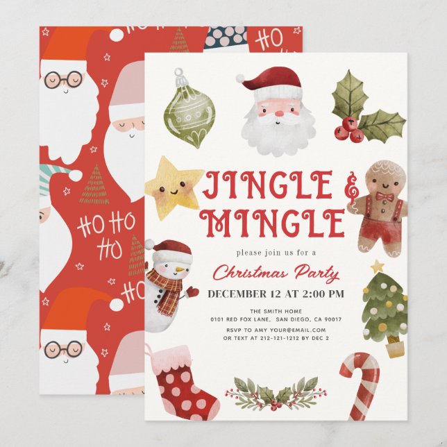Invitación Fiesta navideña de jingle y mingle cute Navidades (Anverso / Reverso)