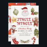 Invitación Fiesta navideña de jingle y mingle cute Navidades<br><div class="desc">Esta encantadora invitación a las vacaciones de los Navidades "jingle & mingle" incluye un fondo crema con Santa Claus, hollies, un hombre de jengibre, estrella, muñeco de nieve, árbol de navidad, caña de caramelos y acolchado en acuarela. En el reverso, un fondo rojo con motivos de Santa Claus. Personalízalo para...</div>