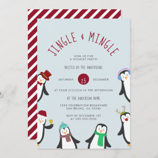 Invitación Fiesta navideña de jingle y mingle pingüino