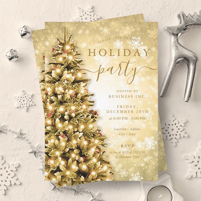 Invitación Fiesta navideña de la compañía navideña de oro fes (Festive Gold Christmas Tree Company Holiday Party Invitation)