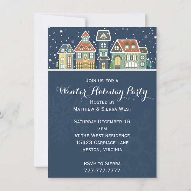 Invitación Fiesta navideña de la escena de nieve de las casas (Anverso)