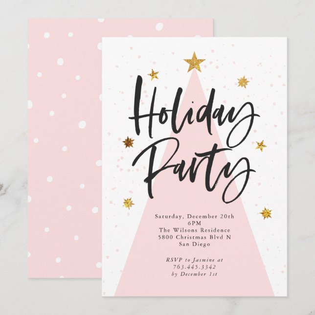 Invitación Fiesta navideña de las estrellas doradas rosadas (Anverso / Reverso)