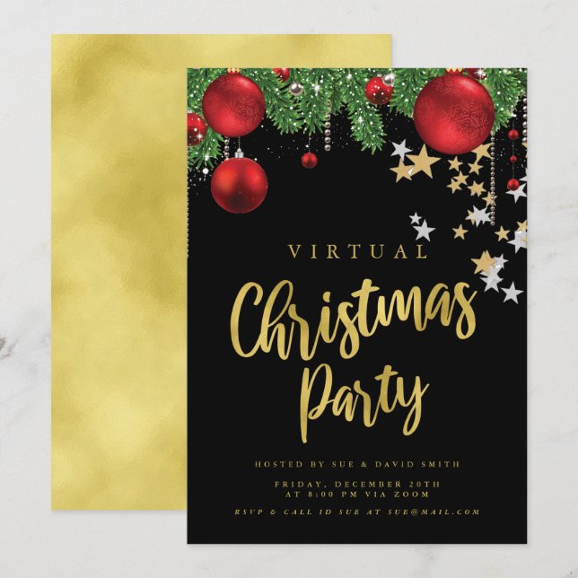 Invitación Fiesta navideña de los Navidades rojos de oro VIRT (Anverso / Reverso)