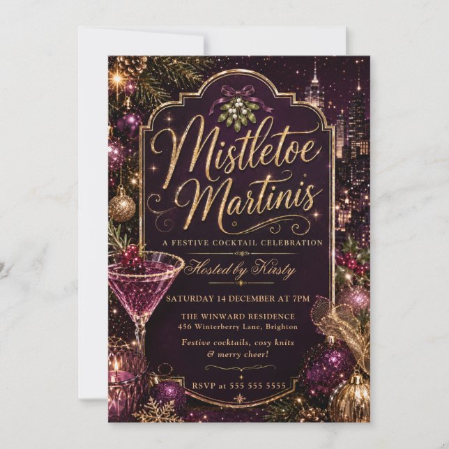 Invitación Fiesta Navideña de Muérdago y Martinis (Anverso)