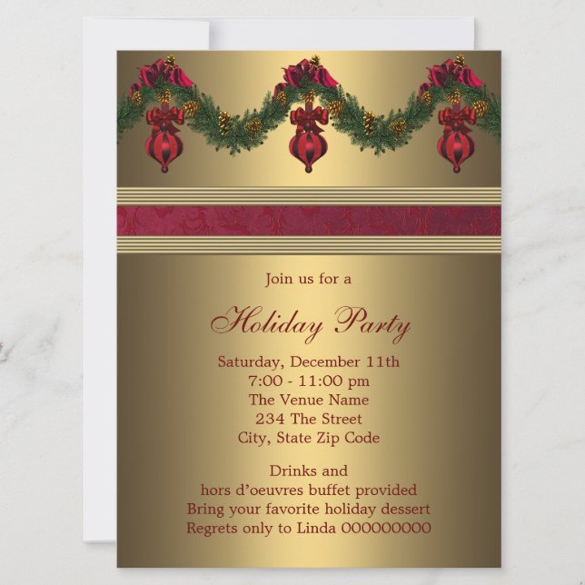 Invitación Fiesta Navideña de Navidad de Oro Rojo (Anverso)
