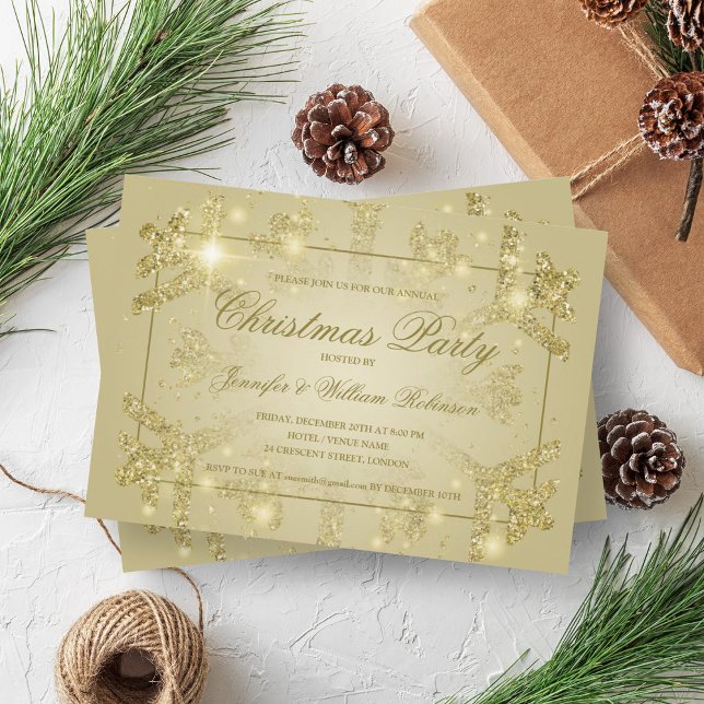 Invitación Fiesta navideña de Navidad de Purpurina de Glam Go (Gold Glam Glitter Snowflake Xmas Holiday Party Invitation)