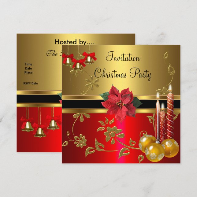 Invitación Fiesta Navideña de Navidad Dorado Rojo (Anverso / Reverso)