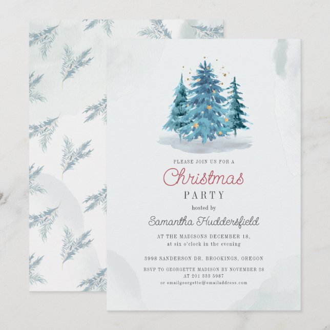 Invitación Fiesta navideña de Navidades acuarelas (Anverso / Reverso)