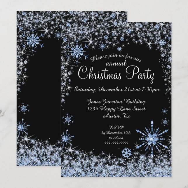 Invitación Fiesta navideña de Navidades con copas de nieve az (Anverso / Reverso)