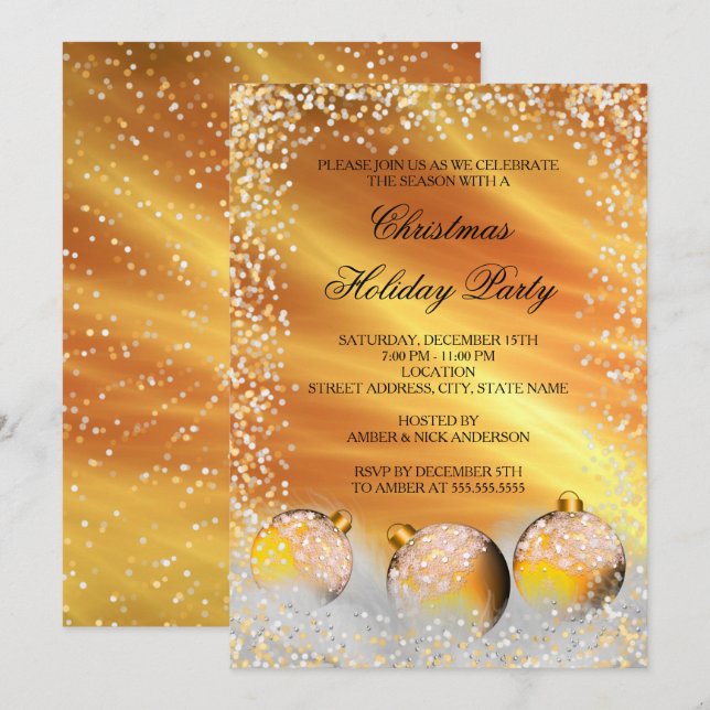 Invitación Fiesta navideña de Navidades con nieve amarilla y  (Anverso / Reverso)