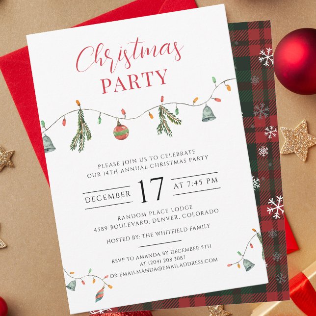 Invitación Fiesta navideña de Navidades de la Moda del Boho (Rustic Plaid Script Christmas Party Invitation)