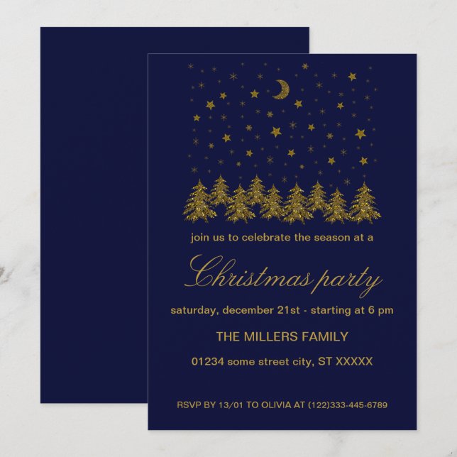 Invitación Fiesta navideña de Navidades de oro espumoso (Anverso / Reverso)