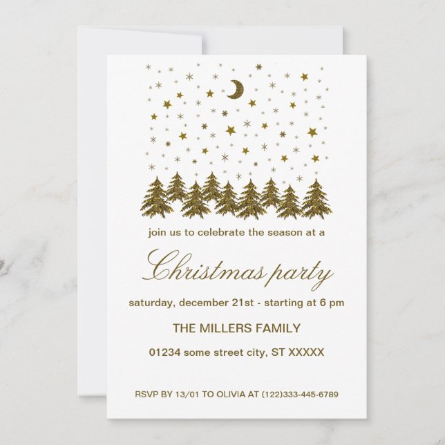 Invitación Fiesta navideña de Navidades de oro espumoso (Anverso)