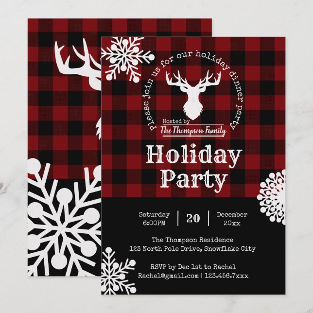 Invitación Fiesta navideña de Navidades Red Black Buffalo Pla (Anverso / Reverso)