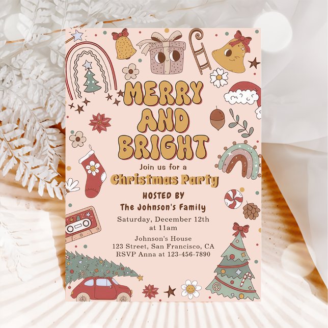Invitación Fiesta navideña de Navidades retro brillante y bri (Subido por el creador)
