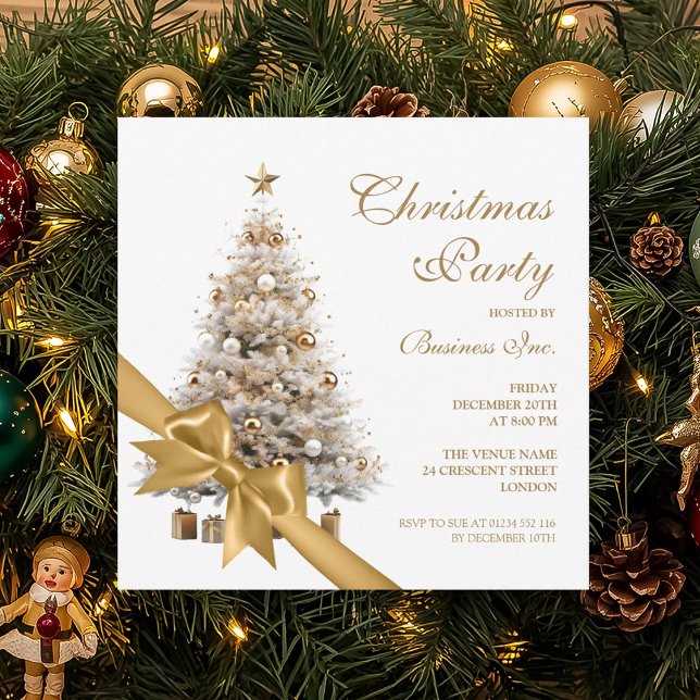 Invitación Fiesta navideña de oro corporativo (Corporate Gold Christmas Tree & Bow Holiday Party Invitation)