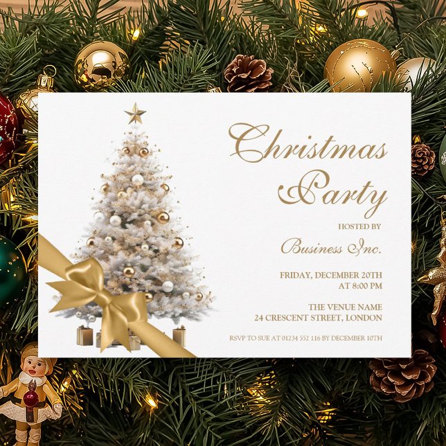Invitación Fiesta navideña de oro corporativo (Corporate Gold Christmas Tree & Bow Holiday Party Invitation)
