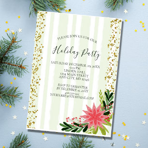 Invitación Fiesta Navideña de Poinsettia Roja Verde Dorada Br