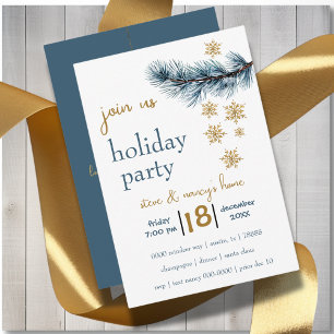 Invitación Fiesta navideña de ramas de pino y copos de nieve