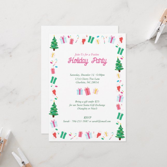 Invitación Fiesta navideña de regalo de árbol de navidad de a (Anverso/Reverso In Situ)