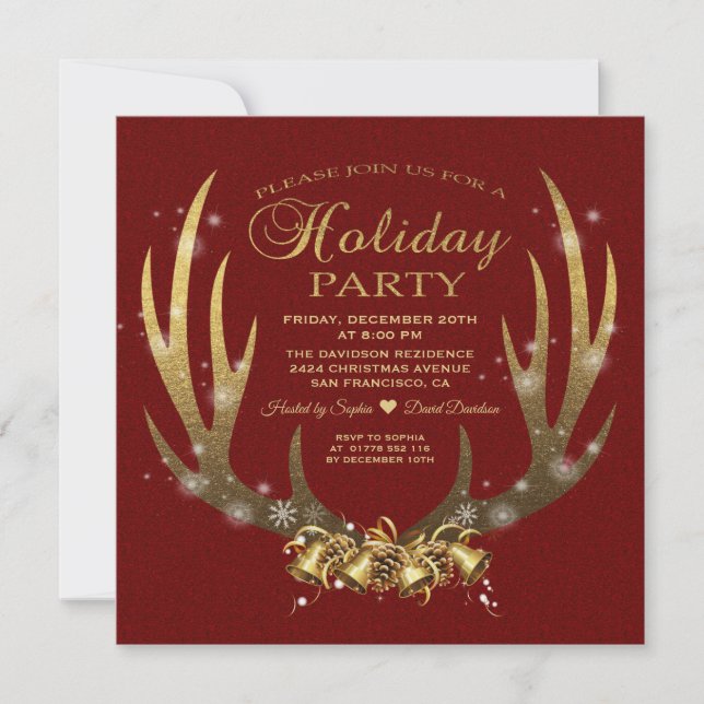 Invitación Fiesta navideña de Relieve metalizado dorado rojo  (Anverso)