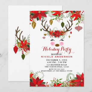 Invitación Fiesta Navideña de Reno con Flores Modernas Vintag