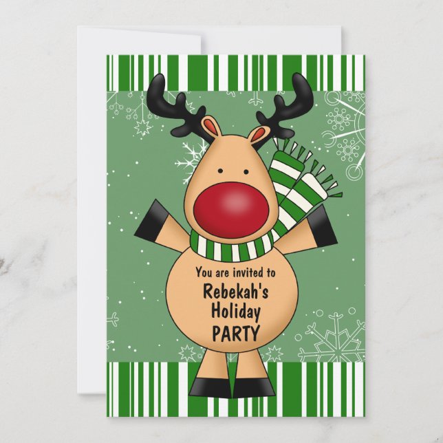 Invitación Fiesta navideña de renos en franjas verdes (Anverso)