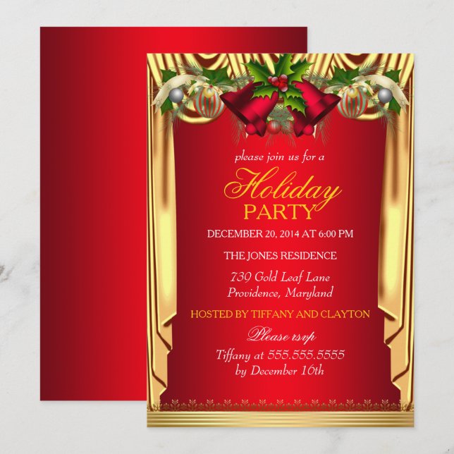 Invitación Fiesta Navideña de Seda Roja de Oro de Acebo (Anverso / Reverso)