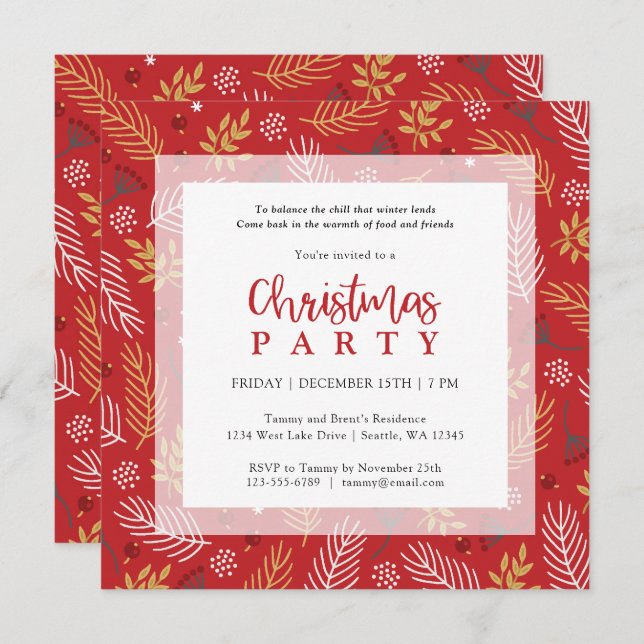 Invitación Fiesta navideña del oro rojo y los Navidades blanc (Anverso / Reverso)