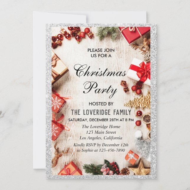 Invitación Fiesta Navideña Festiva Brillo de Plata (Anverso)