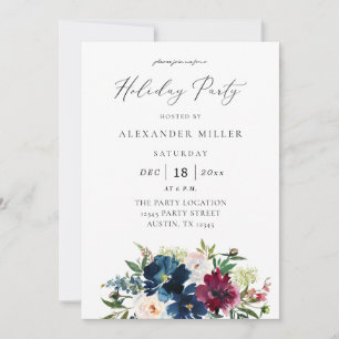 Invitación Fiesta Navideña Floral Azul Marino, Burgundy y Bla