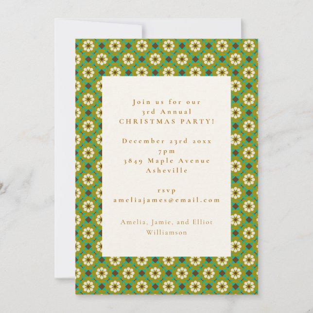 Invitación Fiesta Navideña Floral Boho Verde Vintage (Anverso)